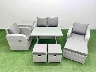 Fimous PE Wicker Rattan Garden Furniture Set Reclining Chair Love Sofa in Light Grey