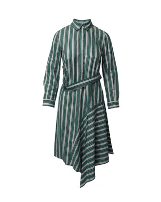 Claudie Pierlot Asymmetric Striped Shirt Dress in Green Cotton