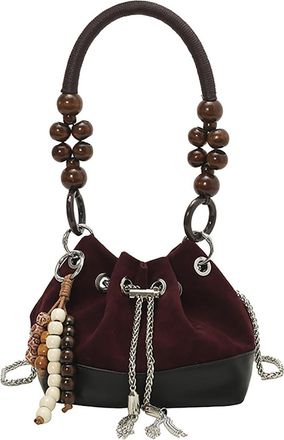 Generic Drawstring Bucket Bag, Hand Bags for Women Stylish Beaded Drawstring and Lightweight Handbag, Retro Bucket Bag. (Red)