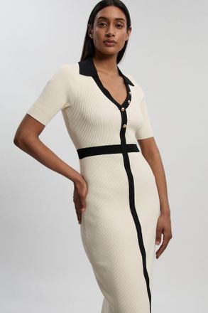 Karen Millen Womens Knit Rib With Contrast Waist Detail Collared Short Sleeve Midi Dress - White Polyamide - Size X-Small
