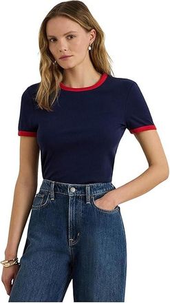 Lauren Ralph Lauren Floral Stretch Cotton Boatneck T-Shirts Womens Clothing Refined Navy/Cruise Red : XL, Cotton/Elastane