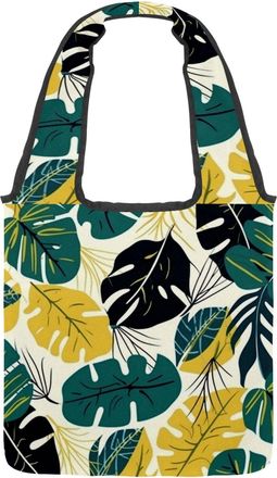 Generic Tropical Leaves Pattern Reversible Canvas Shoulder Tote - Double-Sided Print, 12oz Cotton, 27cm Drop, Fold-Flat Bag for Travel, Shopping, Street Outin