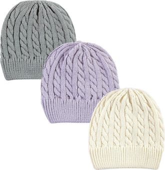 Hudson Baby Cozy Knit Hat 3Pk in Lilac Cream at Nordstrom