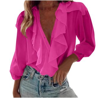 Generic Long Sleeve Chiffon Blouses for Women UK Ruffle V Neck Button Down Shirts Elegant Party Dressy Tops Solid Casual Office Tunic Shirts Puff Sleeve Holid