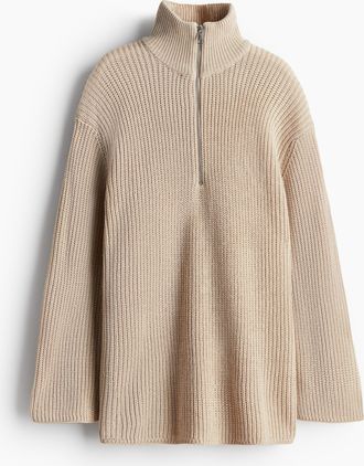 H&M Schwerstrickpullover mit kurzem Zipper - Hellbeige