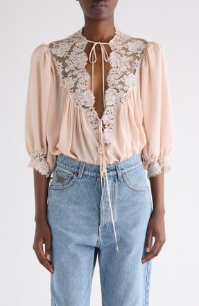 Chlo&eacute; Lace Trim Silk Top in Delicate Pink at Nordstrom, Size 6 Us