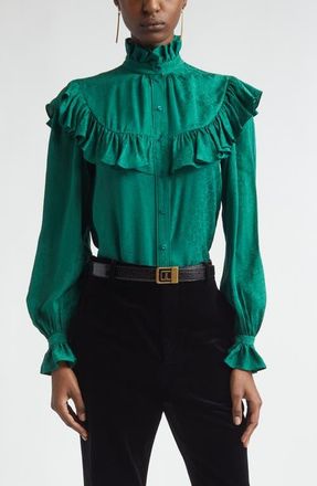 Saint Laurent Ruffled Silk Jacquard Button-Up Shirt in Emeraude at Nordstrom, Size 8 Us