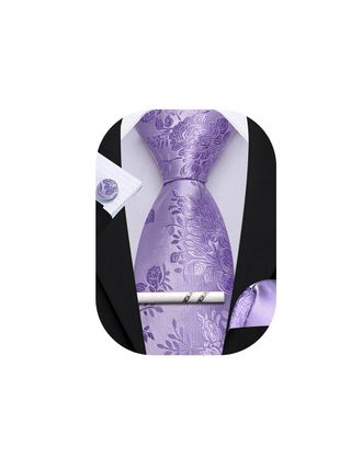 Barry.Wang Light Purple Mens Tie Floral Silk Wedding Necktie Handkerchief Cufflinks Set Formal Party