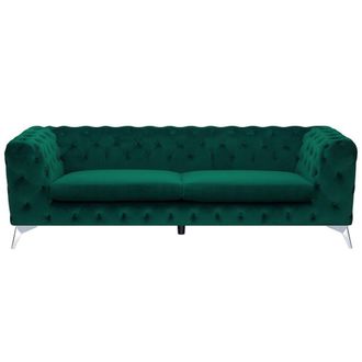 Beliani Sof&aacute; De 3 Plazas De Terciopelo Verde Estilo Chesterfield Con Respaldo Bajo Sotra
