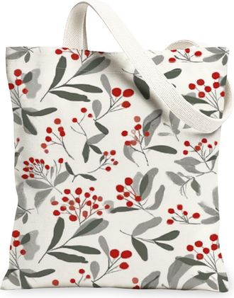 Generic Winter Floral Canvas Tote Bags, Berry Leaf Pattern Reusable Grocery Bags, Lightweight Washable Shoulder Strap Canvas for Tr, White, 13x15 Inch