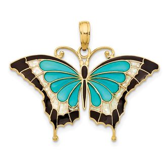 Diamond2Deal 14k Yellow Gold Blue Enameled Butterfly Pendant
