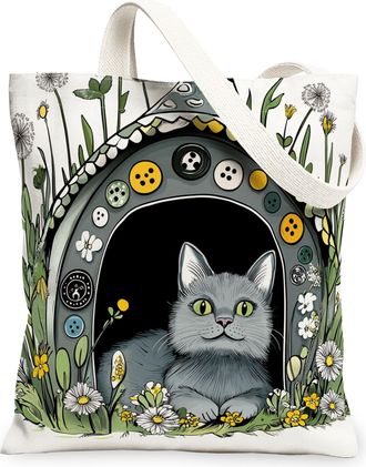 Generic Spring Russian Blue Cat Canvas Tote Bag for Shopping 13x15, Fun Flower Kitten House Reusable Grocery Print Pattern Bag for Women, Cute Pet Beach Aesth