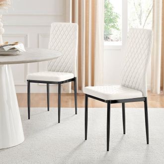 Furniturebox Set of 4 Milan High Back Soft Touch Diamond Pattern Faux Leather Dining Chairs With Black Powder Coated Metal Legs in White