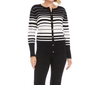 Karen Kane Stripe Cardigan Sweater In Black With Off White