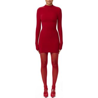 Naked Wardrobe Long Sleeve Mock Neck Minidress in Ruby Red at Nordstrom, Size X-Small