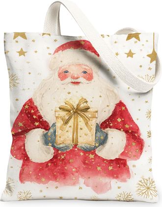 Generic Santa Canvas Tote Bags, Holiday Decorative Reusable Grocery Bags, Festive Lightweight Washable Shoulder Strap for Shopping, White, 13x15 Inch