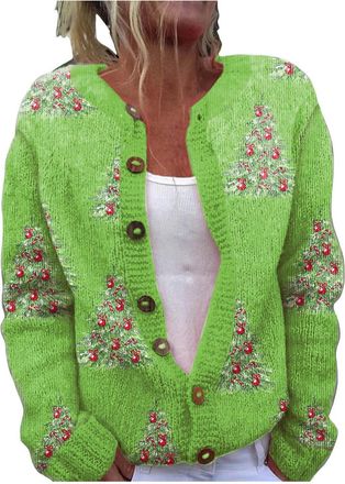 Generic Christmas Cardigan Sweaters for Women Vintage Funny Xmas Printed Knit Coat Cute Button Long Sleeve Fall Winter Jackets Christmas Womens V-Neck Cardiga