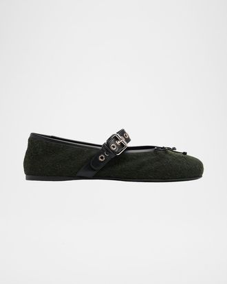 Miu Miu Flannel Leather-Strap Ballerina Flats