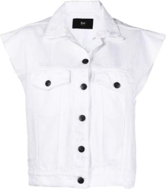 3x1 Witte Denim Mouwloze Button-Up Gilet - Dames - Bodywarmers - Wit - M - Denim - Jassen
