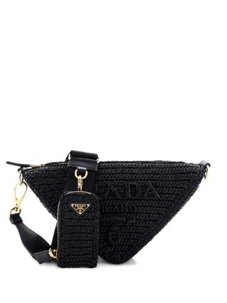 Prada Triangle Logo Zip Crochet Raffia Small crossbody bag - Nero