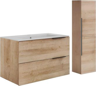 Vente-Unique Mueble de ba&ntilde;o suspendido con lavabo para empotrar y columna - Natural claro - 80 cm - NISAYA