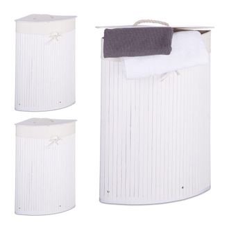 Relaxdays 3x Cestos Ropa Sucia Esquinero, Cubo Colada Plegable Con Tapa, Canasta, Bamb&uacute;, 65 X 49,5 X 37 Cm, Blanco