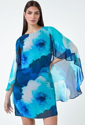 Ariella Floral Print Chiffon Cape Shift Dress