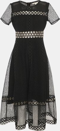 Maje Black Lace Grommet Short Sleeve Midi Dress