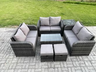 Fimous Outdoor Garden Furniture Sets 8 Seater Wicker Rattan Furniture Sofa Sets with Rectangular Coffee Table Love Sofa Side Table 2 Small Footstools