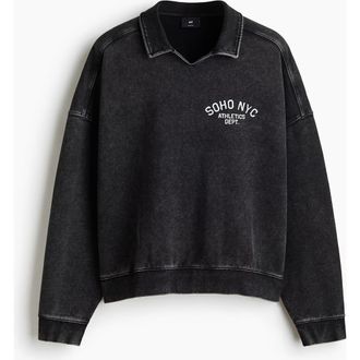 H&M Oversized Fit Rugby Sweatshirt in Washed Black/soho Nyc at Nordstrom, Size Xx-Large