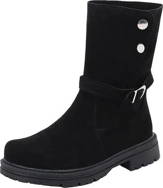 Generic Womens Retro Mid Calf Boots Round Toe Low Flat Heel With Button And Belt Buckle Detail Comfortable Daily Shoes
