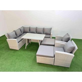Fimous Garden Outdoor Rattan Furniture Set Rattan Corner Sofa Oblong Dining Table with 2 Armchairs 2 Big Footstools Light Grey Mixed 10 Seater - Fimous