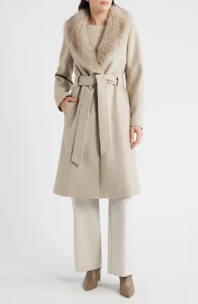 BCBGeneration Belted Wrap Coat with Faux Fur Collar in Oatmeal at Nordstrom, Size X-Large