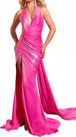 Jovani Ruched Satin Gown With Plunging Neckline In Hot Pink