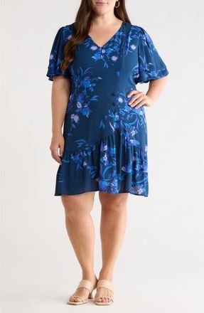 Sugarlips Niva Floral Print Faux Wrap Dress in Navy-Blues at Nordstrom, Size 1X