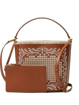Veronica Beard small Eyelet Feedbag embroidered bucket bag - women - Leather/Polyurethane/Polyester/Cotton - One Size - Brown