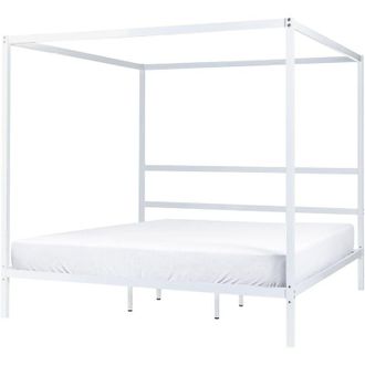 Beliani Modern Minimalist eu Super King Size Canopy Bed Frame Metal Plywood Slats White Lestards
