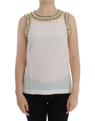 Dolce & Gabbana Womens Sleeveless Blouse Beaded Neckline - Ivory