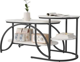 OEM Mesa Baja - M&aacute;rmol Blanco - Doble Piso - Patas Negras - 80x46cm O &Oslash;52cm