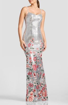 Dress The Population Giovanna Floral Embroidery Sequin Mermaid Gown in Silver Multi at Nordstrom, Size Xx-Small