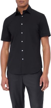 Bugatchi Miles OoohCotton Solid Short Sleeve Button-Up Shirt in Black at Nordstrom, Size Xxx-Large