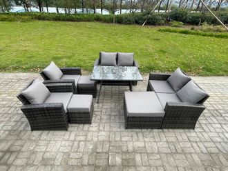 Fimous Garden Furniture Sets 8 Pieces Wicker Rattan Furniture Manual Wicker Patio Sofa Patio Conversation Set with 3 Footstools in Dark Grey