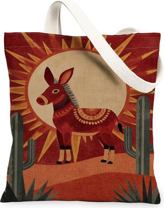 Generic Vintage Animal Canvas Tote Bags, Bohemian Desert Donkey Pattern Reusable Grocery Bags, Lightweight Washable Shoulder Strap, Red, 13x15 Inch
