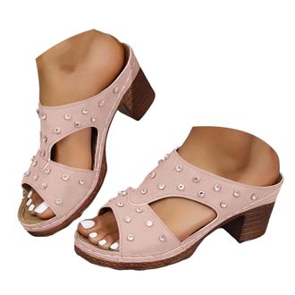 Generic 2026 Women Slippers Womens Low Chunky Heels Sandals Ankle Strap Open Toe Comfy Block Heeled Buckle Straps Punk Studded (7.5)