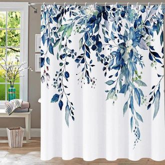 OEM Cortina De Ducha De Eucalipto Azul Para Ba&ntilde;o - Dise&ntilde;o De Hojas En Acuarela Impermeable Con Ganchos (183 X 182 Cm)