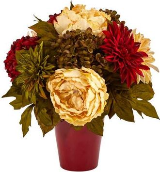 Nearly Natural 14-in Peony, Hydrangea and Dahlia Artificial Arrangement in Burgundy Vase in Red/cream at Nordstrom