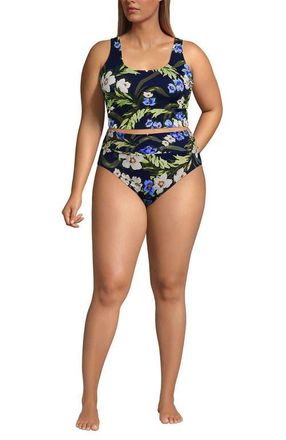 Lands End Plus Size Tugless Midkini Top and High Waisted Bottom Swimsuit Set in Deep Sea/blue Floral Tropic at Nordstrom, Size 1X