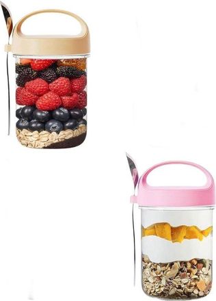 OEM Tarros Para Avena Nocturna, 2 Unidades, Reutilizables, Con Tapa Y Cuchara, Fruta Y Comida Para Beb&eacute;s, 9,3 &times; 8,4 &times; 15 Cm, Rosa, Amarillo