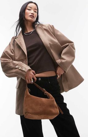 Topshop faux suede relaxed jacket in light beige-Neutral