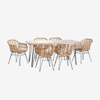 Sklum Sklum - Set tavolo rettangolare in vimini sintetico Leribert (180x90 cm) e 6 sedie da giardino Zole in vimini sintetico